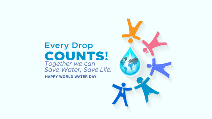Group of people holding clean water drop. World water day awareness banner poster and background. Vector illustration