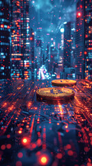 Digital artwork of Bitcoin tokens on a cybernetic cityscape, symbolizing the intersection of cryptocurrency and future urban economies.
