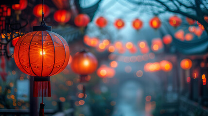 Vibrant red lanterns adorn busy street