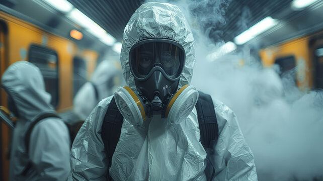 Man in yellow hooded hazmat suit and black gas mask. Apocalypse