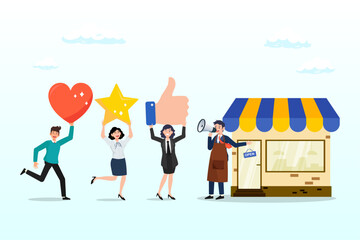 Store owner with megaphone tell loyalty customers with brand positive feedback, customer loyalty or retention, marketing strategy for return customer, CRM to increase sale and satisfaction (Vector)