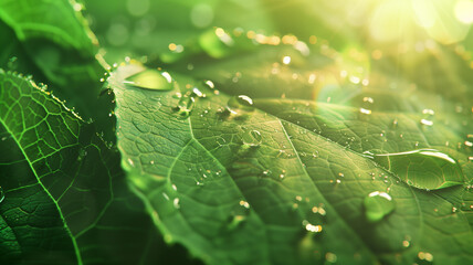 Green leaf covered in water drops