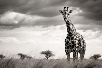 giraffe in savannah, monochrome - obrazy, fototapety, plakaty