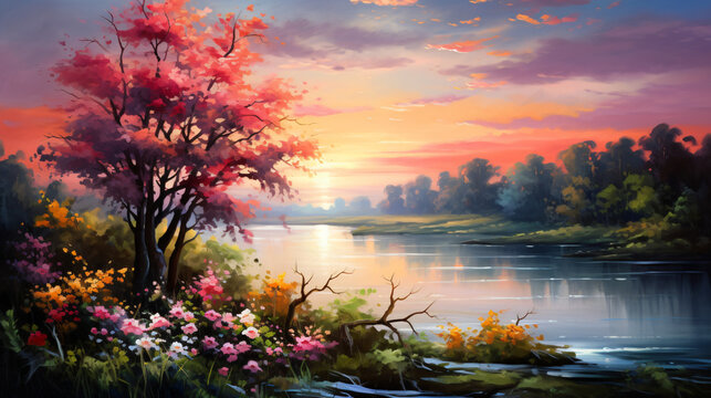 Oil painting flowers and trees near the river sunset .