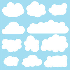 Set of eleven different clouds on blue background