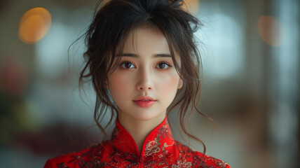 Elegant woman in red dress with hair in bun