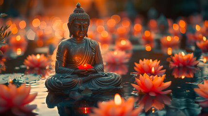 Buddha statue on pond with water lilies