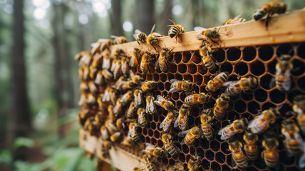 Group of bees in beehive - obrazy, fototapety, plakaty
