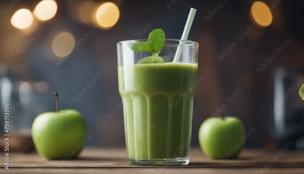 Wall mural side view of green apple smoothie in glass