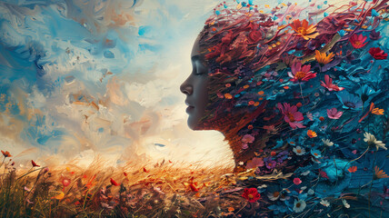 Woman with flowers in her hair - obrazy, fototapety, plakaty