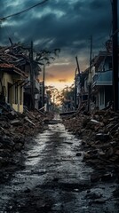 Street with destroyed houses after storm - obrazy, fototapety, plakaty