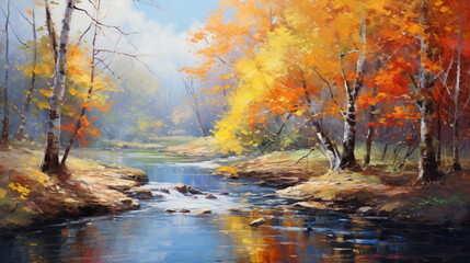 Oil painting landscape  autumn forest near the river