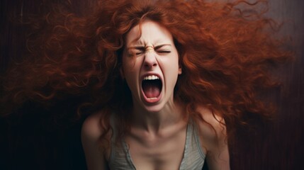 A screaming woman on a white background and a copyspace