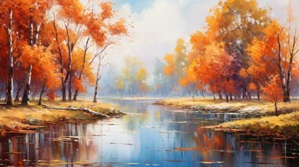 Tuinposter Oil painting landscape  autumn forest near the river © Natia