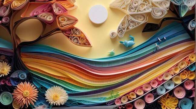 Beautiful landscape made of colored paper. Quilling.