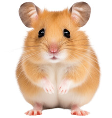 Hamster on transparent background: A small brown hamster with white paws and a black nose. It is looking at the camera
