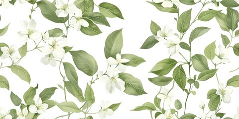 Jasmine with exquisite petals, white petals with light green leaves, cute and dreamy. Light green background with soft colors