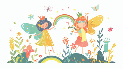 beautiful magic fairies with fungu elf and rainbow 
