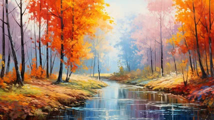 Papier Peint photo Lavable Rivière forestière Oil painting landscape  colorful autumn forest ..