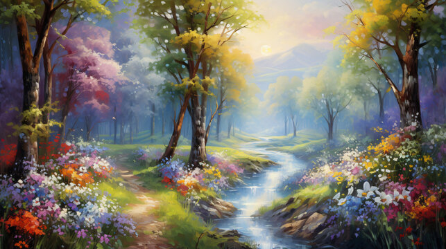 Oil painting landscape  colorful summer forest beauti