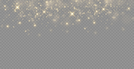 The light of gold dust. bokeh light effect background png. Christmas glowing dust background. Yellow flickering glow with confetti bokeh light and particle motion.	 - obrazy, fototapety, plakaty