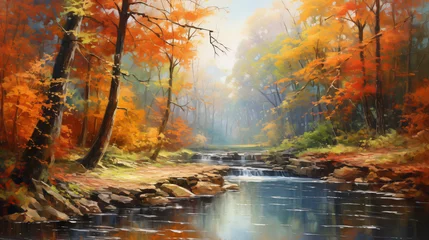 Fototapeten Oil painting landscape  river in autumn forest .. © Natia