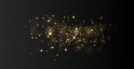 The light of gold dust. bokeh light effect background png. Christmas glowing dust background. Yellow flickering glow with confetti bokeh light and particle motion.	 - obrazy, fototapety, plakaty