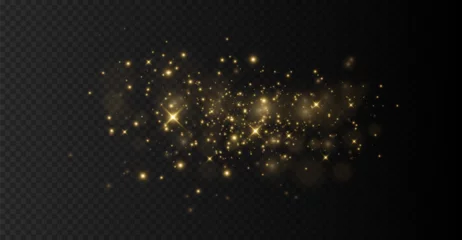 Foto op Plexiglas The light of gold dust. bokeh light effect background png. Christmas glowing dust background. Yellow flickering glow with confetti bokeh light and particle motion.  © ira11998877
