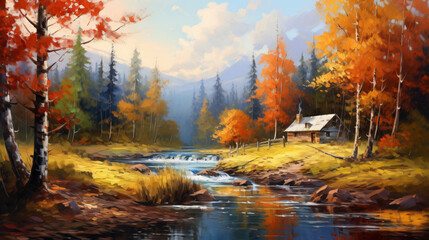 Oil painting landscape  river in autumn forest .. - obrazy, fototapety, plakaty