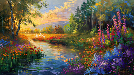 Oil painting landscape  river in the forest colorful