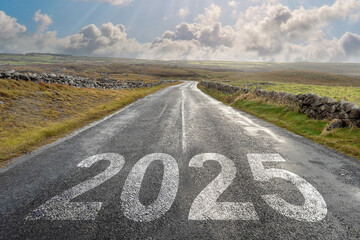 Sign 2025 on asphalt road in a beautiful country setting with dramatic cloudy sky with sun flare at sunrise. Plans and travel concept. Forecasting events in period of time. - obrazy, fototapety, plakaty