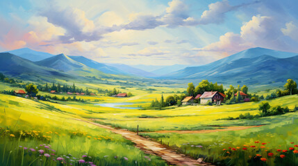 Oil painting landscape art. Rural mountain region. 