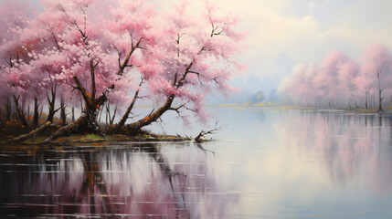 Oil painting landscape oriental cherry tree sakura