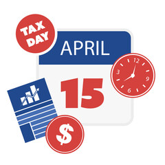 Tax Day Reminder Concept, Calendar Page with Clock - Vector Design  Element Template Isolated on White Background - USA Tax Deadline, Due Date for IRS Federal Income Tax Returns:15th April, Year 2024 - 758714967