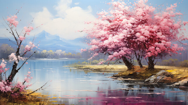 Oil painting landscape oriental cherry tree sakura