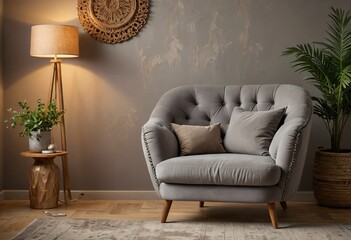 Grey Snuggle Chair and Stucco Wall in Modern Living Room ai generated