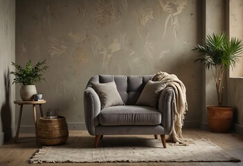 Grey Snuggle Chair and Stucco Wall in Modern Living Room ai generated