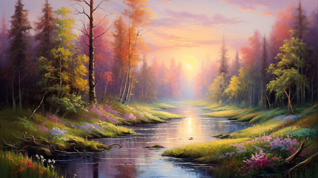 Oil painting landscape river in the spring forest 