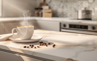 A steaming cup of coffee sits on a sunlit kitchen counter, with scattered beans and a bowl in the background, evoking a cozy morning vibe