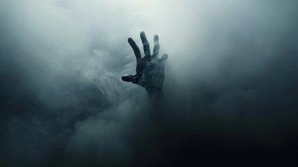 Chilling scene Satans hand emerging from dense fog - obrazy, fototapety, plakaty