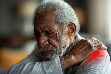 Elderly African man with shoulder pain at home, joint inflammation, muscle cramp, arthritis and rheumatism in old age, health problems concept - obrazy, fototapety, plakaty