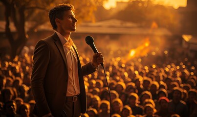 Man Speaking to Crowd With Microphone - obrazy, fototapety, plakaty
