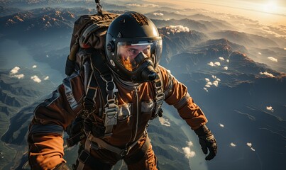 Man With Helmet and Goggles Soaring Through Air - obrazy, fototapety, plakaty
