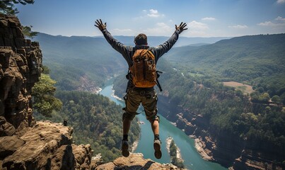 Man Backpack Jumping Cliff