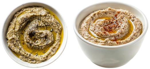 baba ganoush made with roasted eggplant, tahini, garlic, garnished with a drizzle of olive oil and a sprinkle of sumac, isolated on a white background