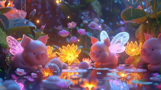 A 3D animation scene of cute pigs with magical wings discovering a secret garden within Candyland filled with sugar-dusted flowers and honey lakes. The pigs have vibrant