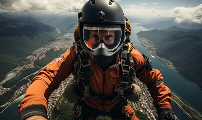Man in Orange Jacket and Helmet Skydiving - obrazy, fototapety, plakaty