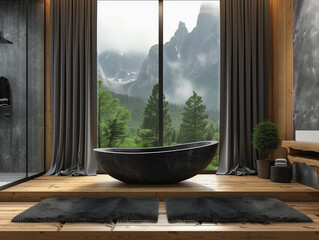 A dark grey marble bathtub stands at the center