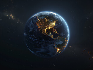 Fototapeta na wymiar A stunning view of the Earth from space as night falls over continents