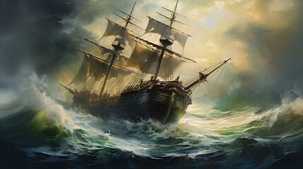 Oil painting of a ship on the raging seas .. - obrazy, fototapety, plakaty